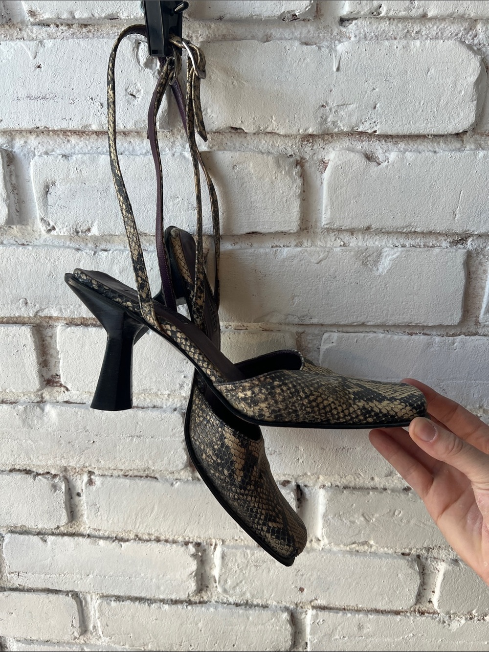 Stuart Weitzman Snake-Print Slingback Heels in Black and Tan